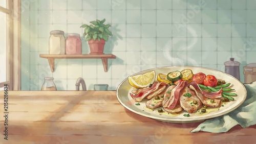 A national dish of Italian cuisine. 
Saltimbocca alla romana is a dish made from thin slices of veal, fried with prosciutto and sage in a sauce made of white wine and butter. Photo with space for text