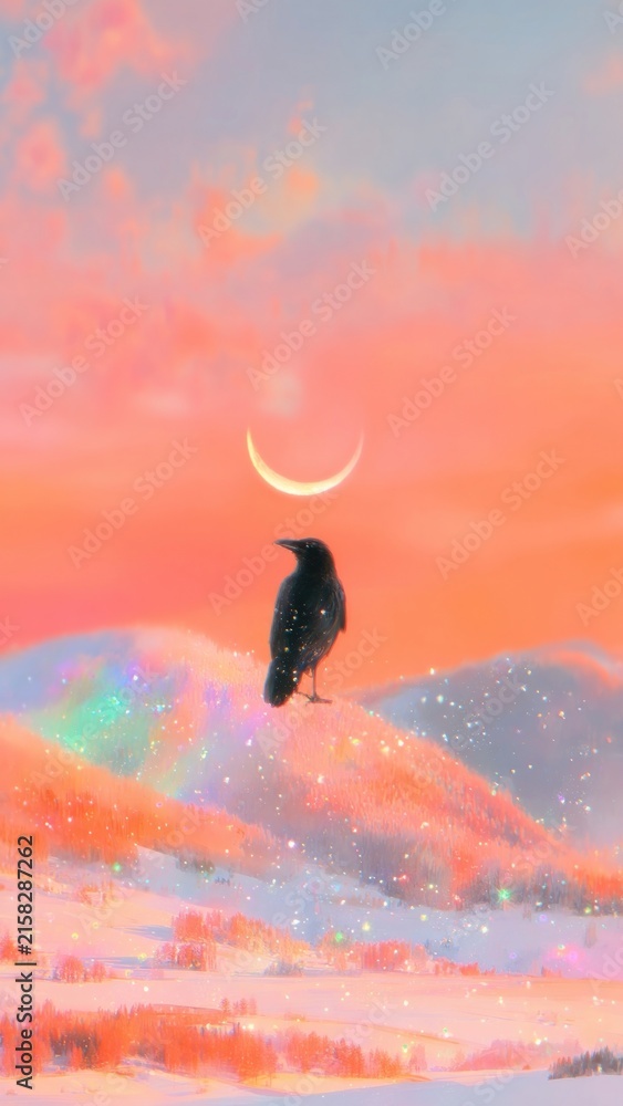 Naklejka premium Mystical raven under crescent moon mobile wallpaper