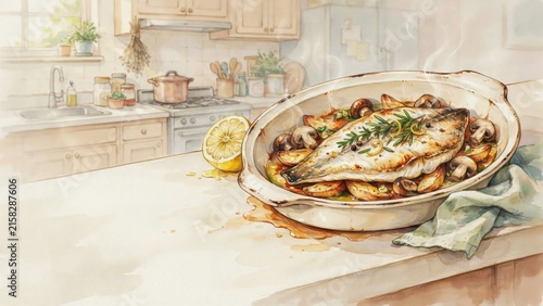 A national dish of Italian cuisine. 
Rombo alla ligure is a dish made from a whole baked fish with potatoes, mushrooms, and aromatic herbs in white wine. Photo with space for text. 