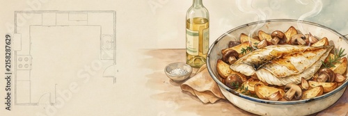 A national dish of Italian cuisine. 
Rombo alla ligure is a dish made from a whole baked fish with potatoes, mushrooms, and aromatic herbs in white wine. A banner with space for text. 