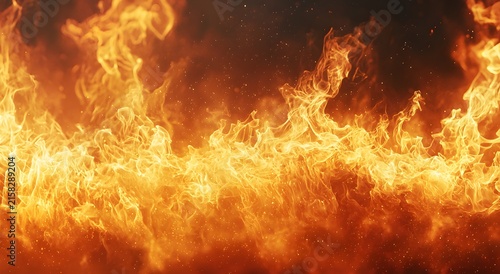 Wildfire flames and flying embers on dark backdrop banner