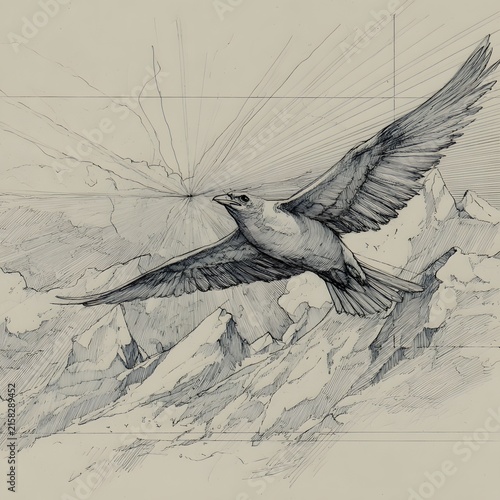 Wildlife eagle sketch showing dramatic flight over snowy peaks wallpaper