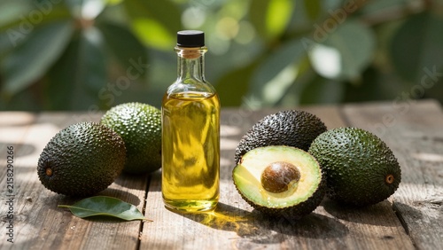 A glass bottle of avocado oil surrounded by whole and halved avocados on a rustic wooden surface.