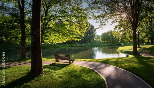 a serene park scene features a winding path lush trees casting shadows over a tranquil lake reflecting sunlight a bench rests beside the path