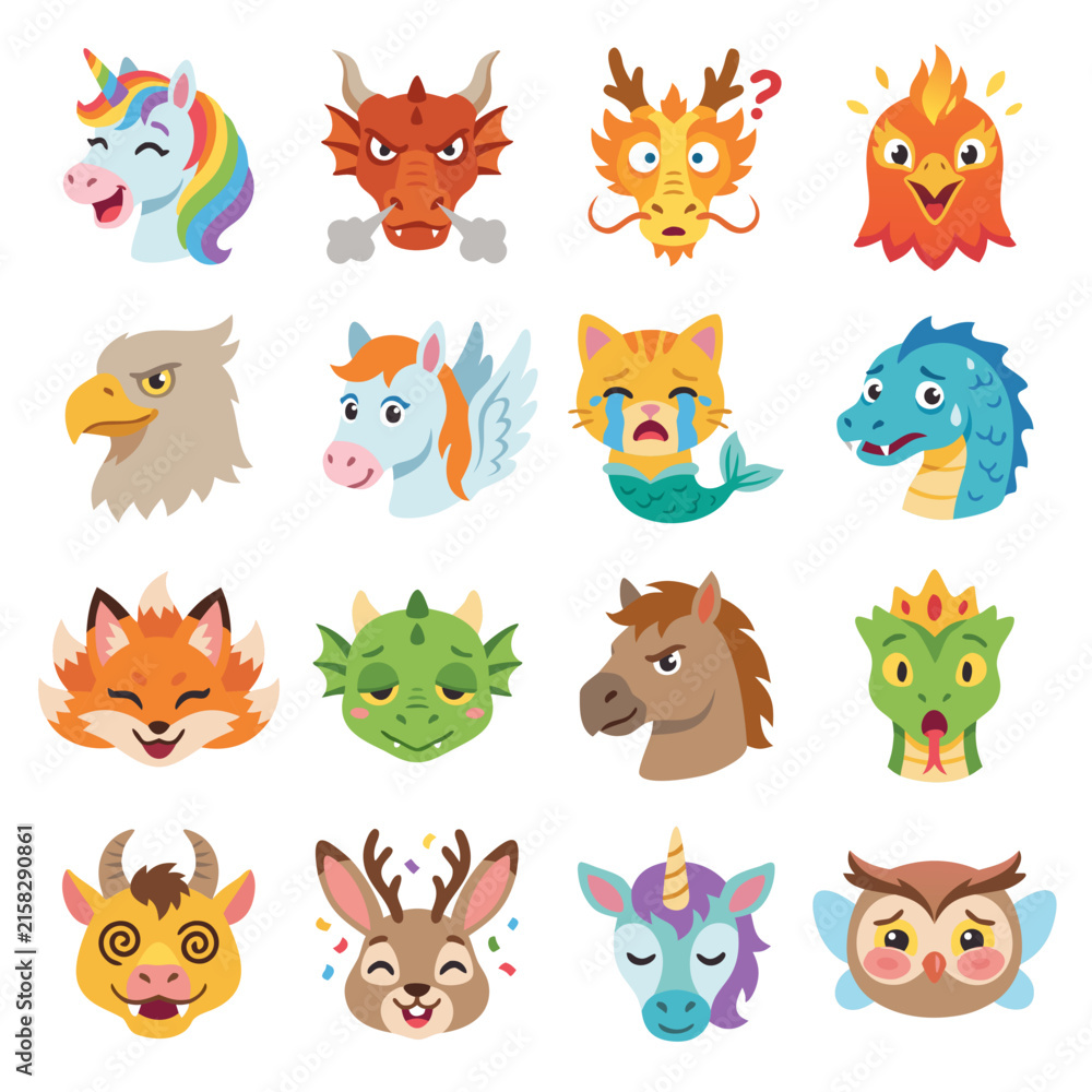 Fototapeta premium Cute fantasy creature head avatars and facial expression emojis set, featuring unicorn, dragon, phoenix, griffin, cat mermaid, basilisk, jackalope, and chimera isolated on white background.