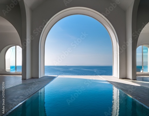 minimalist arched interior with reflecting pool and ocean view