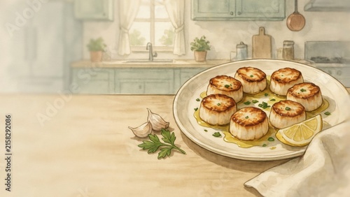 A national dish of Italian cuisine. 
Capesante alla veneziana is a dish made from sautéed sea scallops with garlic, lemon, and parsley. Photo with space for text. 