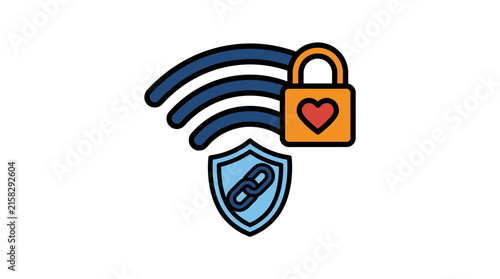 Secure wifi signal icon with heart padlock and shield.