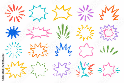 Crayon drawn attention symbols and doodle emphasis marks collection. Hand drawn sparkle bursts, comic rays, sketch highlight signs. Colorful Crayon Emphasis and Doodle Symbol Collection. Generative AI