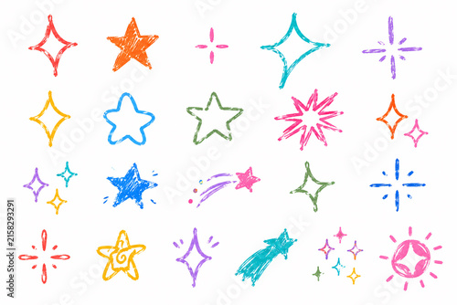 Crayon drawn attention symbols and doodle emphasis marks collection. Hand drawn sparkle bursts, comic rays, sketch highlight signs. Colorful Crayon Emphasis and Doodle Symbol Collection. Generative AI