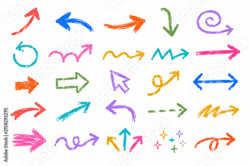 Crayon drawn attention symbols and doodle emphasis marks collection. Hand drawn sparkle bursts, comic rays, sketch highlight signs. Colorful Crayon Emphasis and Doodle Symbol Collection. Generative AI