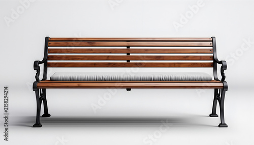 Classic Wooden Park Bench with Metal Frame in Minimalist Setting.