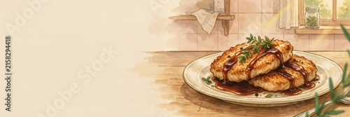 A national dish of Italian cuisine. 
Polpette di pollo – Chicken cutlets with balsamic vinegar and thyme. A banner with space for text. 