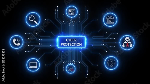 Cyber protection network concept with glowing digital and data security circuitry animation cyber security