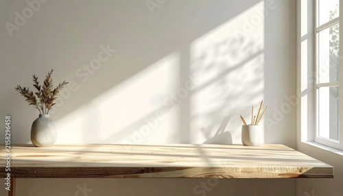Sunlight Streaming Through Window Onto Wooden Table with Vase.