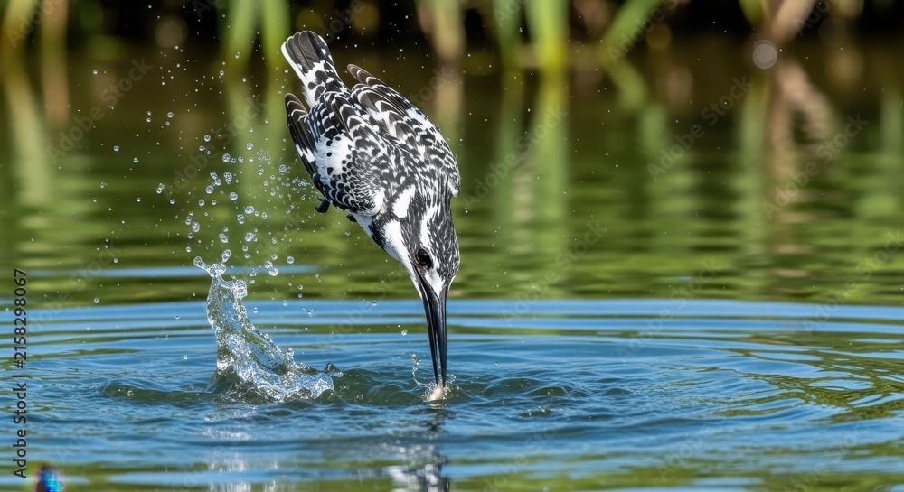 Naklejka premium Black and white wading bird hunting in shallow water.