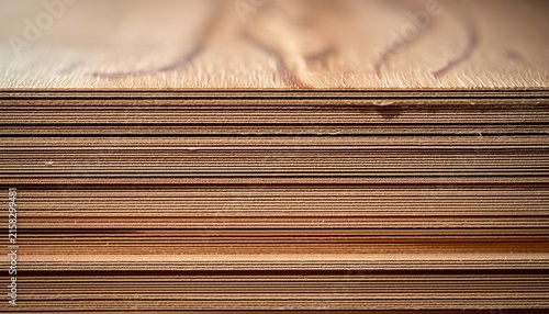 stacked plywood edges revealing horizontal wood grain layers in a sharp focus macro photography shot for architectural and furniture branding