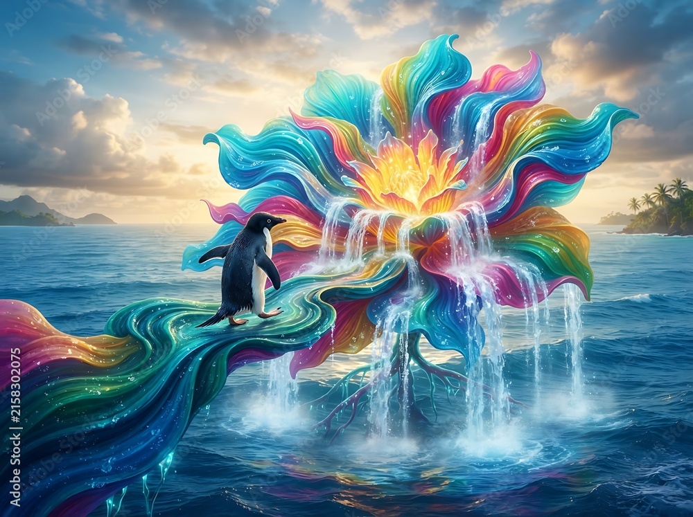 Fototapeta premium A Surreal Illustration of a Penguin Walking on a Vibrant Rainbow Path Leading to a Glowing Magical Floral Waterfall in the Ocean