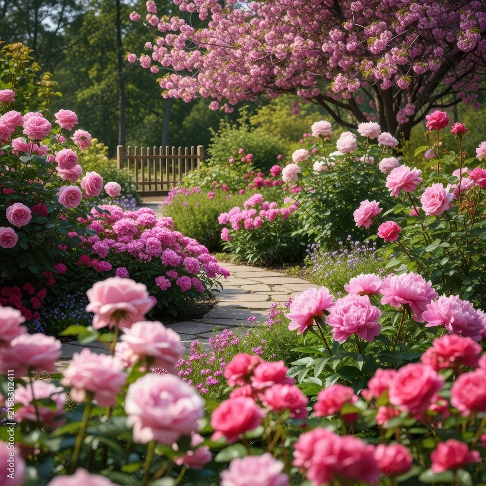 Obraz premium Blooming Garden Path with Pink Roses and Cherry Blossoms.