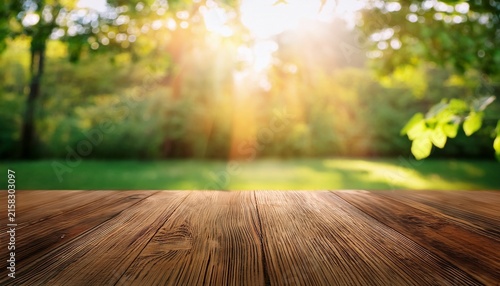 a wooden surface with a blurred background of sunlight and trees