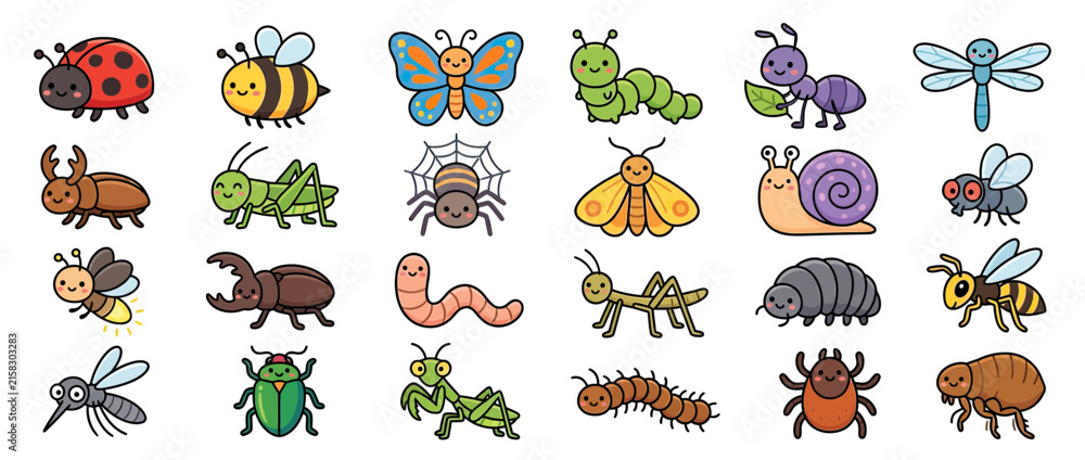 Obraz premium Cute Cartoon Insects Collection Isolated Transparent Background