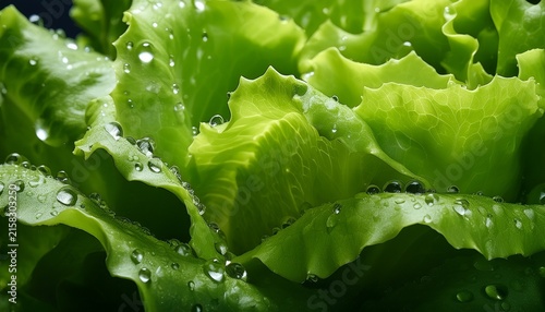 extreme macro of fresh lettuce leaves with crisp texture and water droplets vivid juicy green colors hyper realistic organic freshness large clean