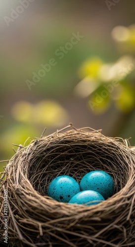 Blue Robin Eggs in a Woven Nest with Blurred Green Background.