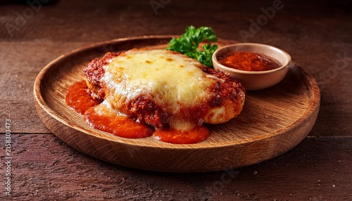 parmegiana steak also known as filet parmegiana in a wood plate on a rustic wooden background cheese and tomato sauce soft light angle view