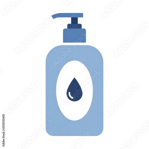 Blue soap dispenser with water droplet icon flat design.