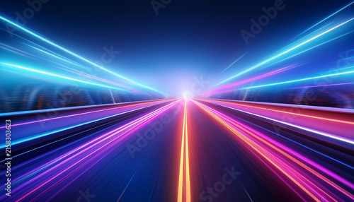 zooming down a futuristic highway with vibrant neon lights creating a sense of speed and motion perfect for technology or transportation concepts