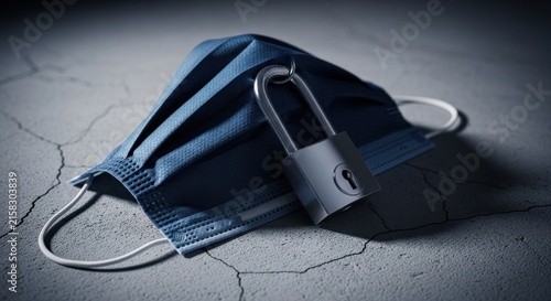 Blue Surgical Mask with Padlock on Cracked Surface.