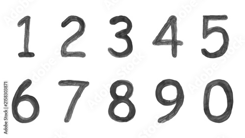 Hand Written Watercolor Black Numbers Set 0 to 9 Isolated on White Background