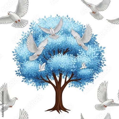 Blue Tree with White Doves Flying in Peaceful Scene.