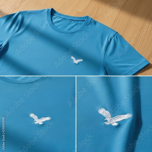 Blue T-shirt with White Bird Embroidery Design.