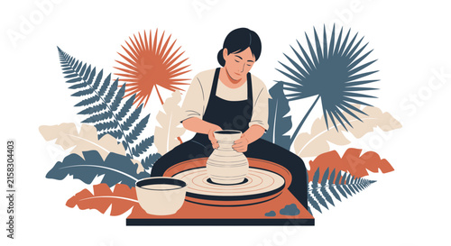 Ceramic artist crafting a clay pot on a spinning wheel surrounded by leaves