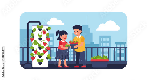 Children harvesting strawberries in a vertical urban garden on balcony