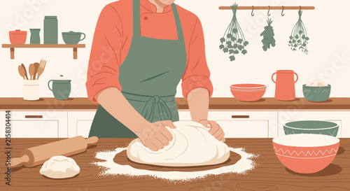 Chef kneading dough in rustic kitchen with wooden table and baking tools