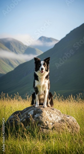 Border Collie Sitting on Rock in Mountain Meadow.