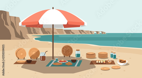 Coastal Picnic Scene With Parasol And Food On Sandy Beach