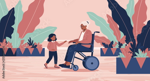 Cute little girl greeting her happy grandmother sitting in a wheelchair