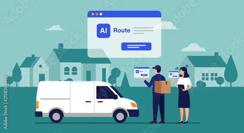 Delivery van and couriers using smart logistics software in a suburban neighborhood