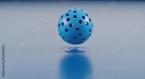 Blue Perforated Plastic Ball Floating on Reflective Surface.