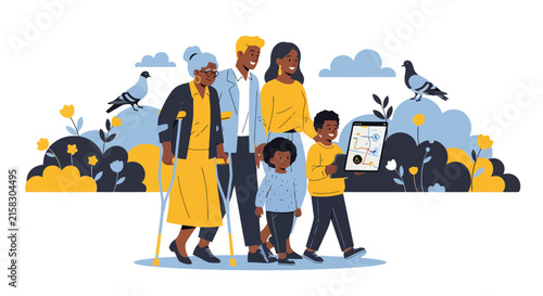 Diverse multi generation family walking together outdoors with crutches and tablet