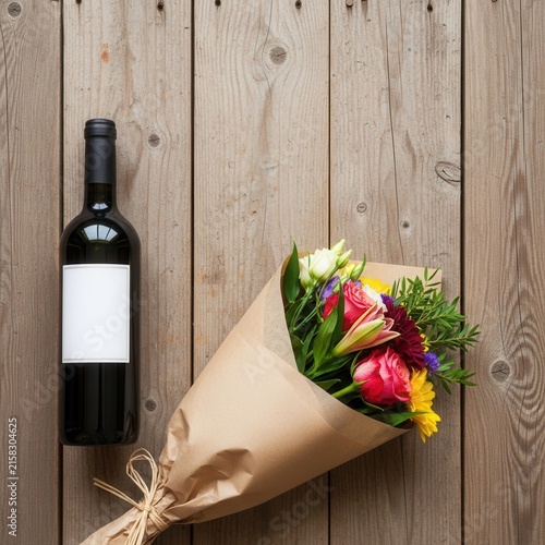 Bottle of wine and bouquet on rustic wooden background.