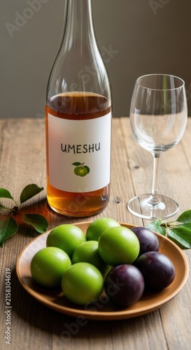 Bottle of wine with fresh green plums on wooden table.