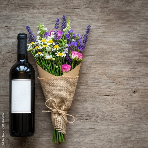 Bottle of wine and wildflower bouquet on rustic wood.
