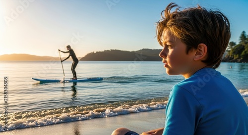 Boy watching paddleboarder at sunset on the beach.