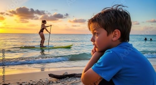 Boy watching woman paddleboarding at sunset on beach.