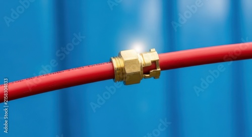 Brass pipe fitting connected to red industrial hose.