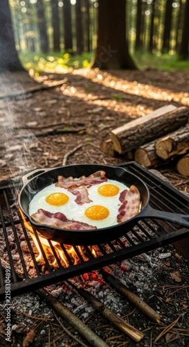 Breakfast cooking on a campfire grill in the forest.